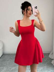 abyoxi Abito elegante e sexy rosso con scollo quadrato, senza maniche, a-line, per laurea, con dettaglio arricciato in vita, adatto per appuntamenti, shopping, laurea, feste, balli, primavera estate, nuovo abbigliamento da donna