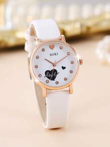 SOKI SOKI 5pcs/Set Ladies Watch Women PU Strap Casual Quartz Watch And Heart Necklace Earrings Bracelet Jewelry Set Suitable For Daily Wear, Back-To-School Season, Graduation Season, Thanksgiving, Couples, The Best Gifts Watch Box Not Included