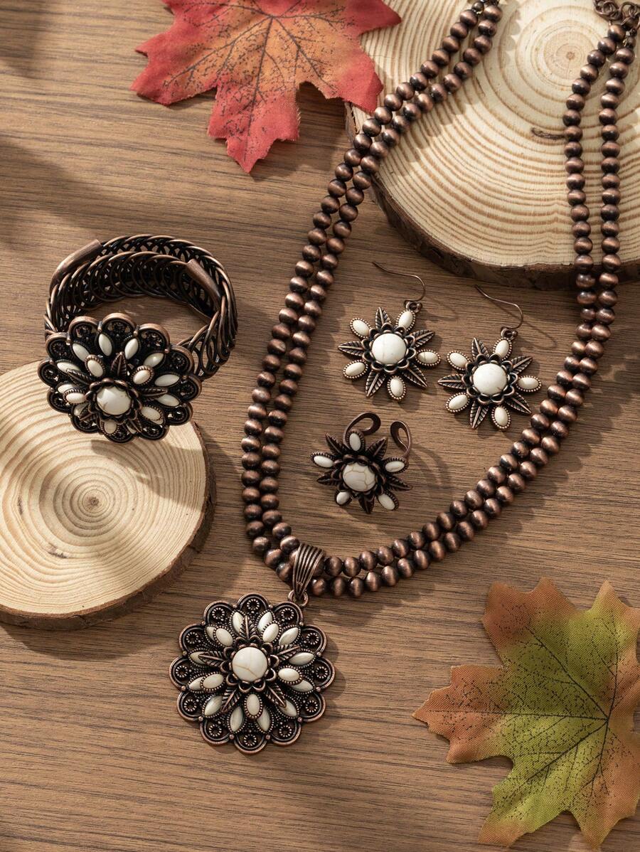 4 Stücke/Set Retro Europäischer & Amerikanischer Stil Boho Sonnenblumen Design Zinklegierung Vintage Kupfer Türkis Perlen Halskette, Ohrringe, Ring, Armband Set, geeignet für Kleidungskombination, Alltagstragen, Partys, Feiertage