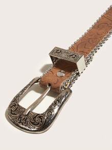 1 pièce Ceinture en cuir à la mode de style occidental rétro avec boucle à imprimé floral argent, pour l'été et l'école
