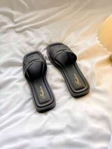 1 pereche de papuci plat cu curele pătrate pentru femei, îmbrăcăminte elegantă pentru casă, în aer liber, cu talpă moale, sandale de plajă anti-alunecare - Negru - Vizualizare 8