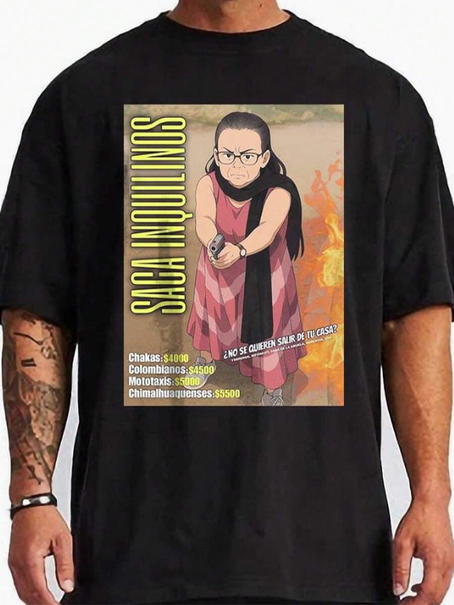 Playera Negra Para Hombre 100% Algodon Oversized Abuelita Carlota Saca Inquilinos - Negro - Ver 1