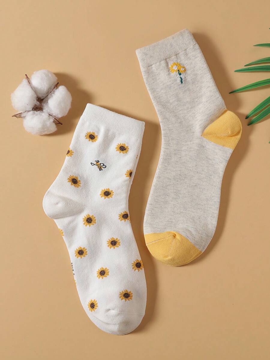 2 双女式雏菊和向日葵印花袜子，适合秋季日常穿着
