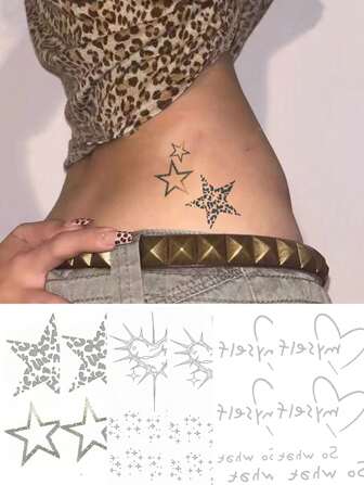 2 件/套临时纹身贴纸，创意豹纹、星星、荆棘心、“So What”字样，大胆逼真的人体艺术设计，防水防汗，持续 5-12 天，理想的礼物
