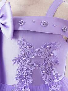 Tween Girls Spaghetti Strap Bow Applique Tulle Elegant Piano Recital Dress, Suitable For Birthday Party, Excluding Headband - Mauve Purple - View 5