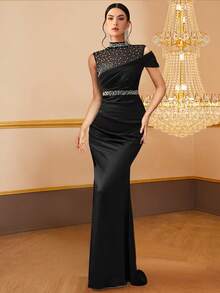 Sleeveless High Collar Mesh Patchwork Rhinestone & Pearl Translucent Sexy Dress, Party Dress, Prom Dress - Black - View 3