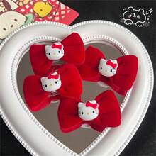 Sanrio (Authorized) New Sanrio 2 Pieces/Set Sanrio Cute Hello Kitty Bow Hair Clip Red Bow Hair Clip Classic Fashion Side Clip Elegant Cartoon Hair Clip Broken Hair Clip, Party Dress Accessories Party Gifts Wedding Gifts, Christmas Hair Accessories