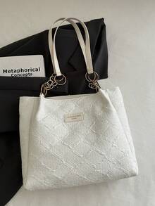 Fashion Striped Handbag - Women Large Capacity Shoulder Bag - Zipper Tote Bag For Everyday Use - Metal Chain Strap Tote - White - View 4