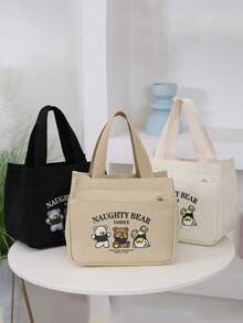 Fashionable Minimalist Tote Bag, Printed With Mischievous Bear Pattern - Lightweight, Zipper Closure, Adjustable Shoulder Strap - Available In Ivory, Khaki, Black - Ideal For Daily Essentials And Casual Outings, Minimalist Handbag | Minimal Design | Material - Multicolor - View 2