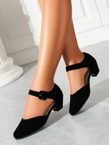 Women's Ankle Strap Closed Toe Low Chunky Heel Dress Work Pumps - màu đen - Xem 1