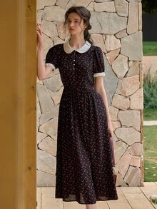 Simple Retro Women's Long Dress Elegant Floral And Peter Pan Collar Patchwork Long Dress Sweet&Elegant For Holiday &Sweet Date&Daily&Vacation&Birthday&HolidayParty&Prom&Wedding&Garden Partie&Summer Dress&Women Elegant Patchwork Swing Dress Short Sleeve - Red and Black - View 7