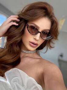 1 件女士半框椭圆形复古时尚眼镜玳瑁风格，个性化欧美眼镜，适合夏季旅行海滩配饰 - 漸變茶 - 查看 1