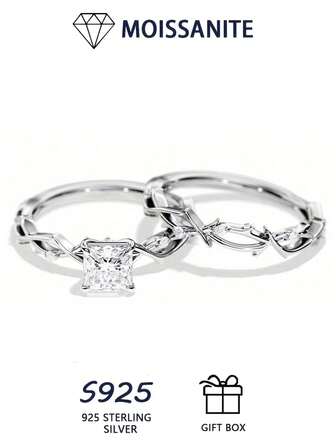 1pc 2 Square Moissanite 925 Sterling Silver Solitaire Ring For Women, Simple And Stylish Jewelry Gift With GRA Certificate