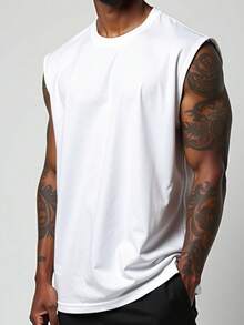 Men's Macho Tank Top, Low-Cut, Bodybuilder Style, Workout Gym, 100% Premium Cotton - White - View 5