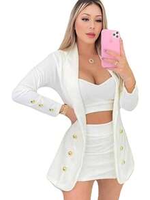Conjunto Dama Falda , Top Y Saco Set De 3 Piezas - Blanco - Ver 2