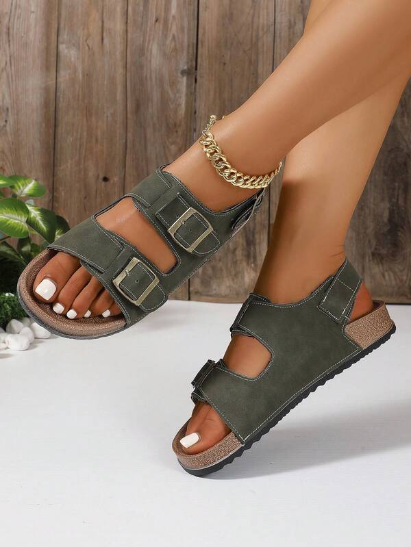 Adjustable Buckle Slip On Flat Slippers, Indoor Outdoor Casual Fashion, Wide Fit, Neutral Unisex Women, Solid Color, Teenagers, Outdoor Sports Beach Shoes, Color Block Patchwork Elegant Party Punk Preppy School Sport Resort Beach PU Leather, Spring Spring Autumn Spring Summer All Season