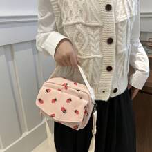 Corduroy Cute Strawberry Printed Fashion Handbag, Versatile Small Square Bag, Portable Clutch Shoulder Crossbody Bag