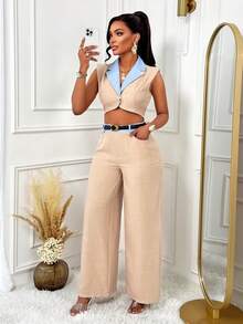 Women's Summer Contrast Color Should Pad Notched Lapel Single-Breasted Cropped Casual Blazer Vest & Pants With Insert Bag Set Two Pieces For Office Look (Belt Not Delivered) - Apricot - View 4