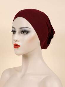 女士简约纯色弹力高领针织帽睡眠帽 - 酒紅色 - 查看 2