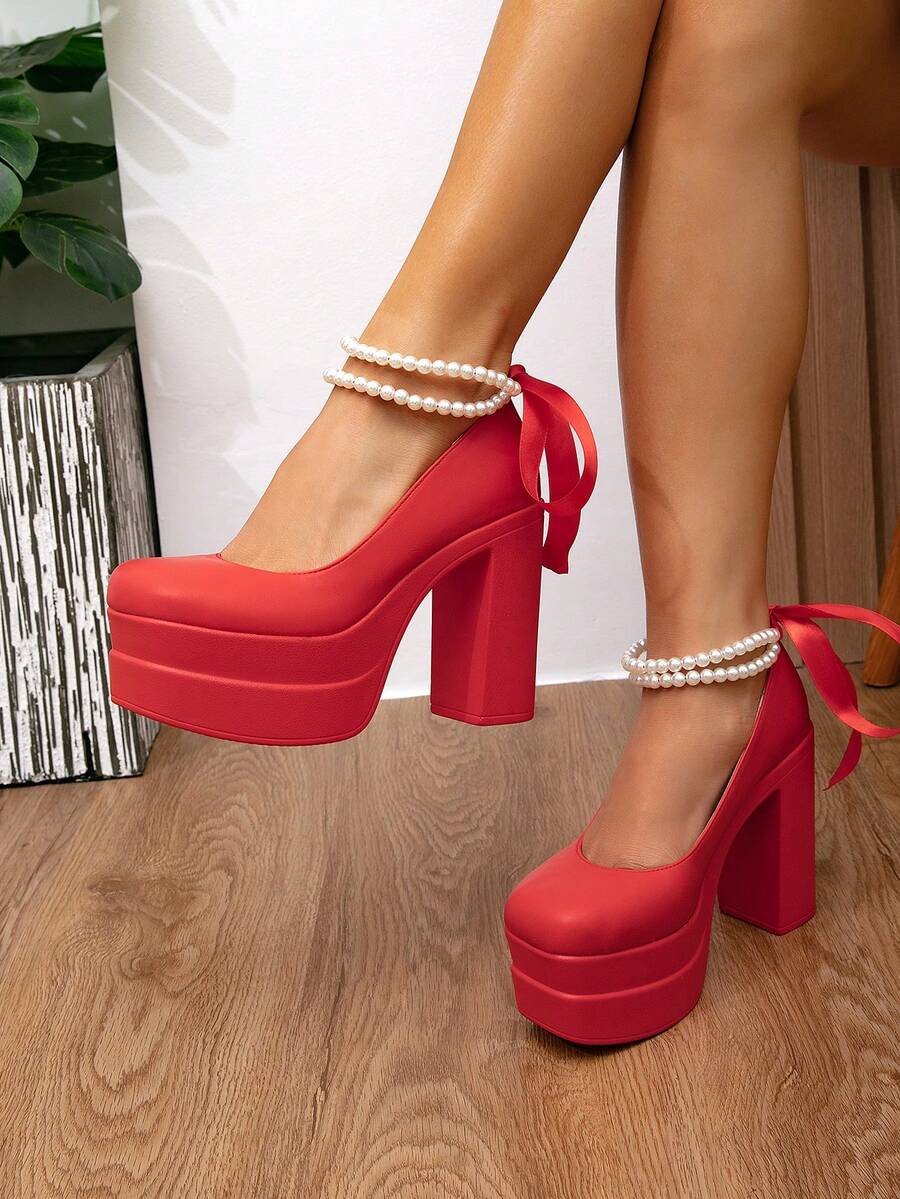 Scarpin Feminino de Salto Alto, Novos Saltos Altos Vermelhos com Plataforma Impermeável e Fita de Pérolas, Sapatos de Moda Slip-On - Vermelho - Visão 1
