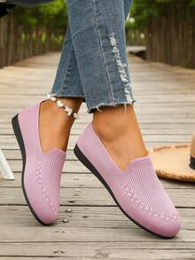 2025 Plus Size Women's Flat Slip-On Shoes, Knitted Uppers, Comfortable & Non-Slip, Lightweight & Breathable, Versatile Outdoor Casual Flats - Pink - View 4