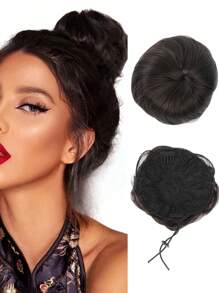 Synthetic Clip-On Hair Bun Elastic Band Straight Hair Black-Brown Chignon Extension Scrunchie Hairpiece For Women