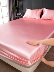 1 pieza Sábana ajustada de satén, ropa de cama, sábanas, cubrecama, funda de colchón de seda, sábana ajustada suave y cómoda para el dormitorio, sábanas de satén de unicolor sin funda de almohada, ropa de cama de bolsillo profundo, fresca y transpirable, estilo minimalista suave y sedoso, para cama Queen, King, Twin, Full, color rosa, decoración de otoño, decoración de habitación, vuelta al colegio, útiles escolares - Rosa - Ver 1