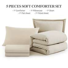 5/7 Pieces Soft Comforter Sets - Comforter, Fitted Sheet, Flat Sheet,  Pillow Shams,  Pillowcases, All Season Bedding - 淺燕麥色 - 查看 8