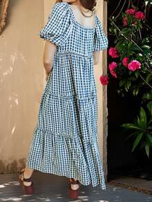 Mujeres Boho Plaid Imprimir Vestido Casual Manga Corta Puff Cuello Cuadrado A-Line Vestido Largo Flowy - 藍色 - 查看 6