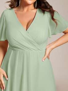 Vestido de dama de honor de gasa con cuello en V, manga corta, parte delantera corta y parte trasera larga, con volantes, color verde menta, talla grande - verde menta - Ver 6