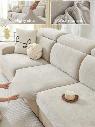 1pc Stretch Sofa Cover, Non-Slip Full Coverage Sofa Seat Cover, Chenille Fabric All Season Universal Sofa Cushion Cover, Thick Sofa Slipcover, Machine Washable, Pet Friendly, Home Decor, Adjustable For Corner Sofa, Bedroom, Office, Living Room, L-Shaped Sofa And 1/2/3/4 Seater, Light Gray