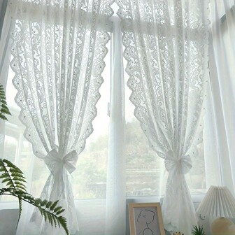 1 Pc Of White Tulle Curtains With Lace And Bright Beaded Accessories For A Beautiful Window Decoration That Can Be Tried In Bedrooms,Living Rooms,Dens,Coffee Houses,Photo Booths,Wedding Suites