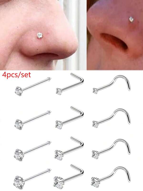 Set de 4 piezas de aros nasales minimalistas y elegantes de acero inoxidable para hombres, con barra en forma de L y barra en forma de S, moda
