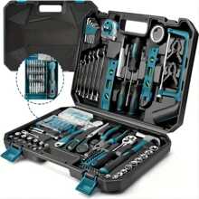 Set di 46 pezzi di utensili in acciaio al cromo vanadio con chiave a bussola a cricchetto da 1/4", bussole metriche, punte per cacciavite, meccanismo a sgancio rapido - kit di utensili manuali professionali per riparazione auto e fai da te, senza assemblaggio necessario, non elettrico, include una scatola per il trasporto