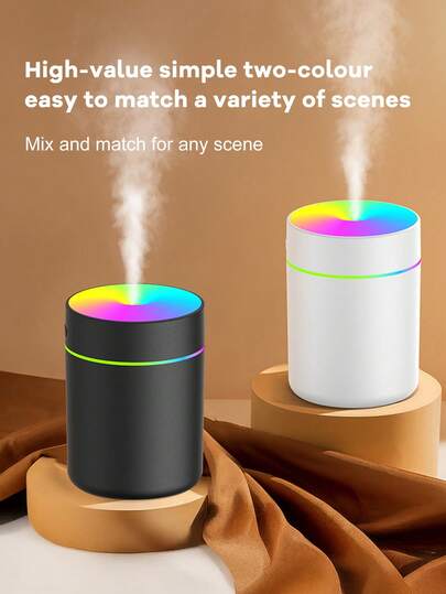 1个迷你USB加湿器，ABS多功能冷雾加湿器，电动空气清新剂，桌面USB供电，LED氛围灯，7色装饰灯，日常加湿防干燥，静音运行，卧室加湿器，简约设计，自然美观，运行安静，适用于家庭、办公室、卧室、汽车、酒吧，女士礼物。