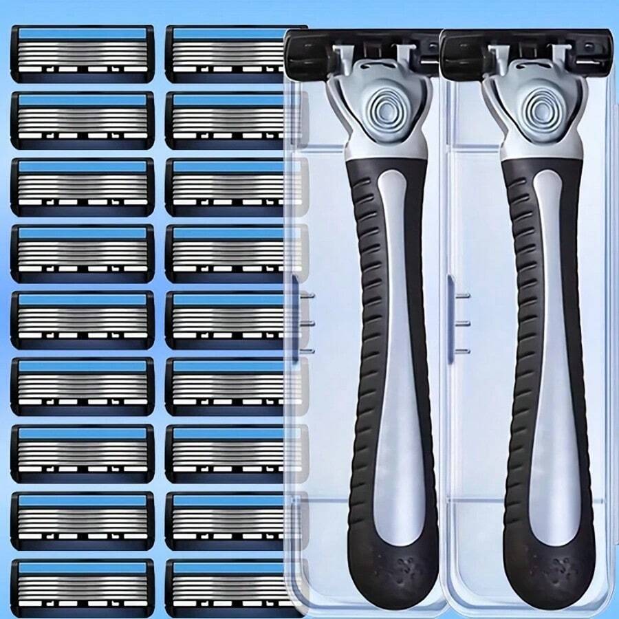 2pcs Handle + 36pcs Blades / Manual 6-Layers Hair Removal Razor, Suitable For Shaving Facial, Chest, Leg, Armpit Hair, Essential Grooming Tool For Home & Travel