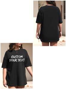 Personalized Handwritten Art Text Custom Plus Size Women T-Shirt, Input Your Name/Slogan/Anniversary Date/Message/Meaningful Text, Plus Size Women's Round Neck Loose Sporty Plus Size Casual T-Shirt, Personalized Graphic Women T-Shirt, Women Black Top, Anniversary Gift, Valentine's Day Gift, Birthday Gift, Best Friend Gift, Holiday Gift Summer - Black - View 3