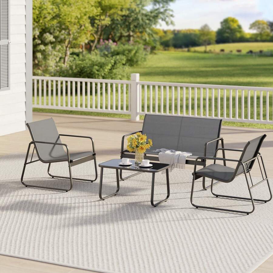 4 Pieces Patio Furniture Set, Outdoor Bistro Hospitality Table And Chair Set With Loveseat And 2 Single Chairs For Backyard, Balcony - Grey - View 1