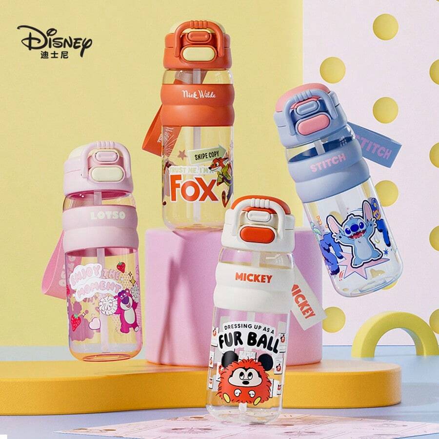 Disney 1 pieza Vaso de agua de paja, especial para estudiantes de primaria, hombres y mujeres, de gran capacidad, de plástico, botella de agua portátil de 600ml