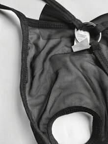 Men's Mesh Bow Decor G-String Briefs, Sexy Palm Print Pattern Thin Breathable Crotchless Pouch Underwear With Small Rings - Black - View 6