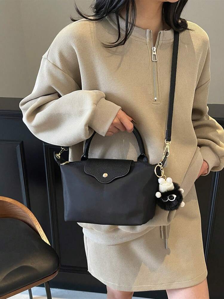 In Winter,Mini The New Fashionable Handbag With Contrast Color Design, Nylon Waterproof Fabric Shoulder Bag, Square Bag And Vegetable Basket Bag Are Suitable For Commuting To Work, Parties And Holiday Dates.Size:Long:7.5in*Wide:2.4in*Tall:3.9in - Black - View 5