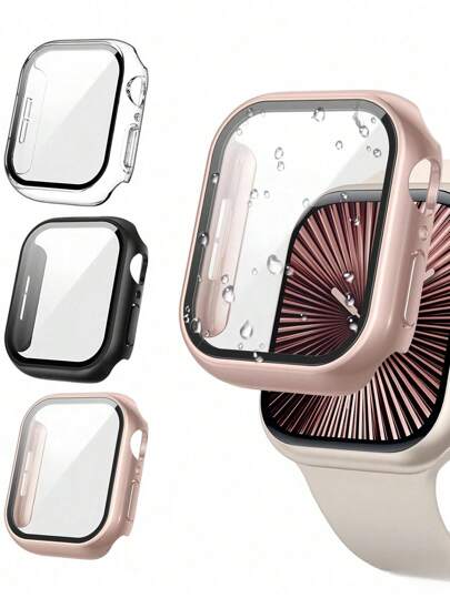 3 Packs 3 IN 1 Tempered Glass Film Hard PC Bumper Case Compatible With Apple Watch Series 11 10 9 8 7 6 5 4, 40mm/41mm/42mm/44mm/45mm/46mm/49mm Compatible With IWatch Screen Protector Protector Case Face Cover, For Women Men, Ultra-Thin Guard,Clear/Black/Rose Gold