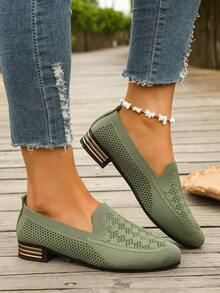 2025新款加大码女式高跟平底鞋，针织面料舒适不伤脚，波西米亚风镂空透气户外百搭低跟尖头平底鞋 - 淡綠 - 查看 1
