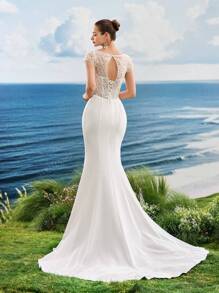Vestido de noche elegante y formal con mangas cortas, Vestido de novia de sirena blanco con encaje y lentejuelas