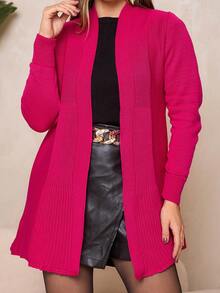 Women's Plain Knit Cardigan With Ribbed Detail Mid-Season Knitwear - Rosa Fucsia - Ver 2