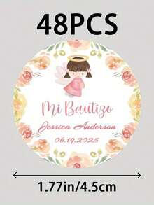 48/96 件定制洗礼礼品圆形贴纸，花卉图案，个性化初次圣餐标签，玫瑰洗礼标签，感谢标签，混合颜色/白色，优质 PP 材料，直径 1.77 英寸，洗礼装饰