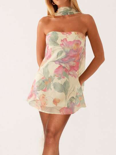 Women Floral Tube Strapless Mini Dress Y2k Cute With Scarf Short Dresses Bodycon Backless Beach Formal Sundress