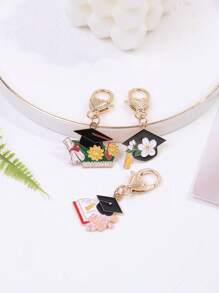 1pc Cherry Blossoms And Sunflowers Graduation Season Keychain Enamel Doctoral Hat Metal Key Ring For Women Girl Bag Backpack Hanging Key Chains DIY Gifts