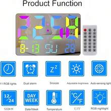 New Upgraded RGB Colorful Night Light Wall Clock, Digital Wall Alarm Clock,Remote Control,Time Display Light, For Home, Living Room - 白色 - 查看 8