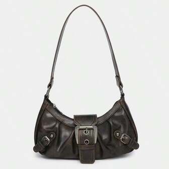 Women's Retro Melania Distressed Leather Motorcycle Bag With Rivets, Buckle Decor, Pleats, Slouchy Cloud Shape Shoulder/Underarm Bag, Suitable For Work, Commute, Date, Party